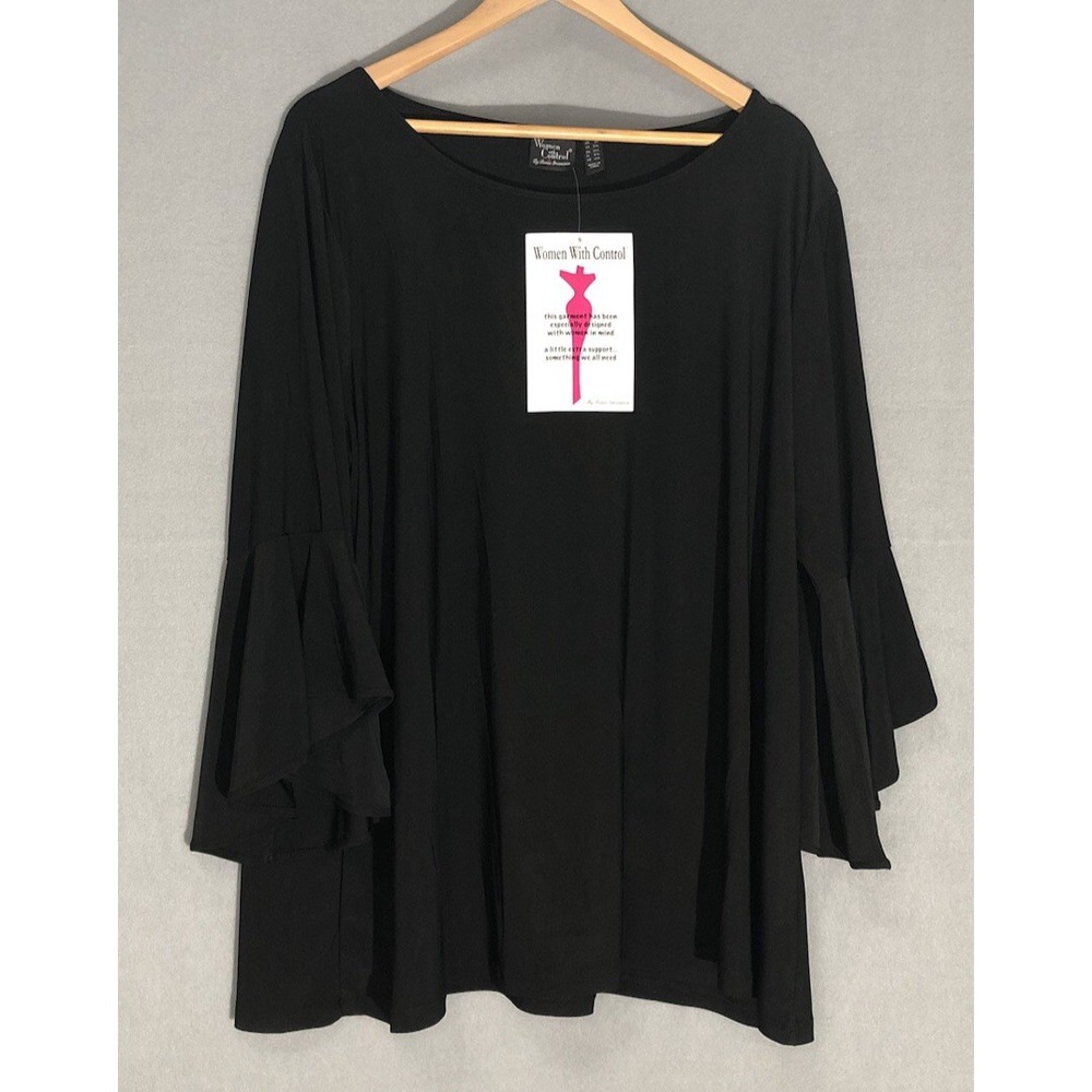 Women with Control Stretch Knit Top Tulip Style Flounce Sleeve Black 2X